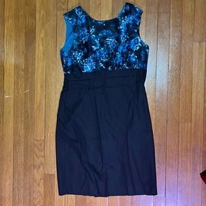 J Crew dress with blue patterned top and grey pencil skirt